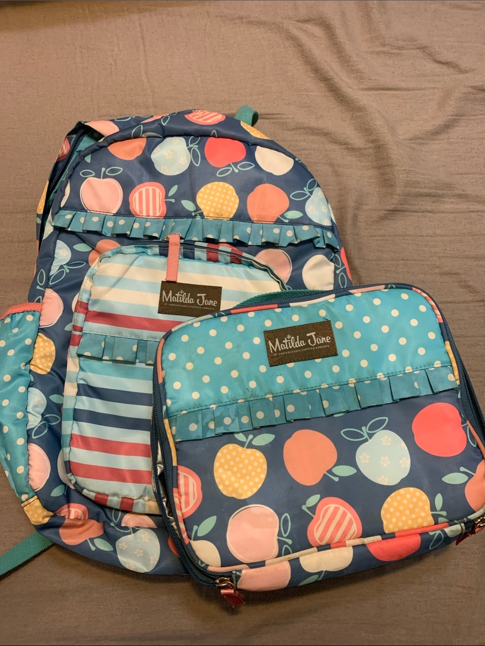 Matilda Jane Backpack and Lunchbox Set with Multicolor Apple Print